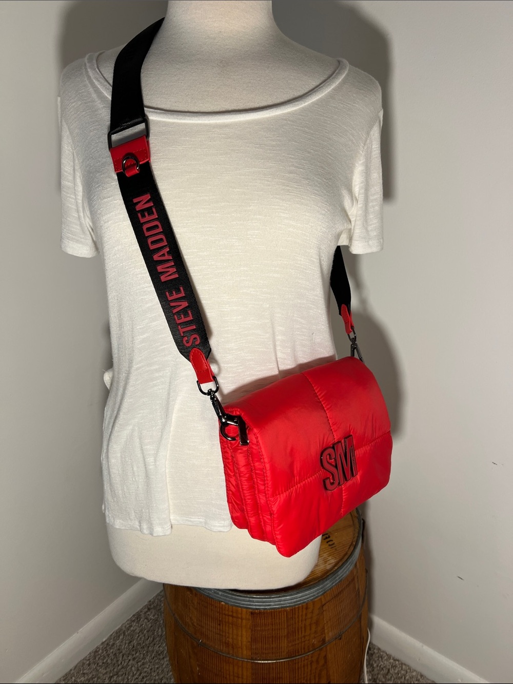 Steve Madden Red Quilted Crossbody with Branded Black Strap